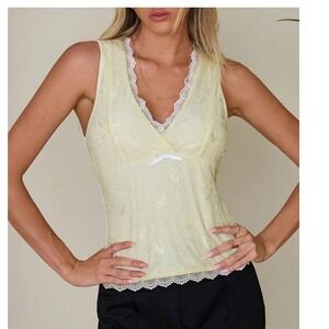 Women's‎ Cami Top S Yellow Lace Wrap Front Bow Coquette Sleeveless V-Neck Shein